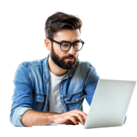 Designer engaged in creative work using laptop against a Transparent background, Designer working with laptop png