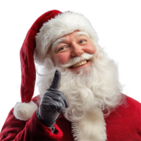 Joyful Santa Claus smiling and gesturing with one finger raised, looking upwards in a winter setting, Portrait smiling santa claus gesturing look up on background, Transparent background png