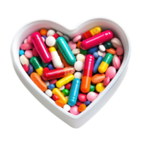 Colorful medical pills and capsules arranged in a heart shape on a clean surface, Colorful medical pills and capsules in heart shaped box png