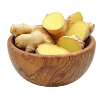 Freshly sliced ginger pieces in a wooden bowl on a Transparent background for culinary use and presentation, slice ginger in the wood bowl isolated on background png