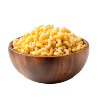 Raw macaroni gomiti pasta piled high in a wooden bowl for culinary delight, Pile of raw Macaroni Gomiti Pasta in wood bowl isolated on Transparent background png