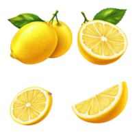 Fresh and juicy lemons with vibrant yellow color displayed alongside slices for culinary delight, ripe lemon fruit half and slices isolated, Fresh and Juicy LemonTransparent background png