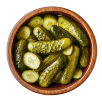 Pickled cucumbers in a wooden bowl viewed from above on a Transparent background, Pickled cucumber in wooden bowl top view isolated on background png