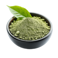 Powdered matcha green tea in a bowl with a fresh leaf isolated against a Transparent background, powdered matcha green tea in bowl and leaf isolated on background png