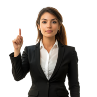 Confident businesswoman pointing upward with a determined expression on a Transparent background, Confident Businesswoman Pointing Upward on background png
