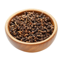 Brown cloves spices displayed in a wooden bowl on a Transparent background, cloves spices in wood bowlisolated on background png