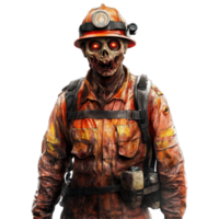 Zombie firefighter in tattered uniform stands against white background with glowing eyes, Firefighter zombie on white background png