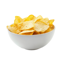 Bowl of delicious crispy potato chips on a clean white background perfect for snacking and sharing, Bowl delicious chips on white background png