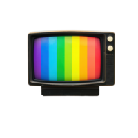 Television with a rainbow screen displayed on a white table in a minimalist setting, television with a rainbow screen on a table, Transparent background png