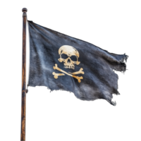 Pirate flag waving against a plain Transparent background showcasing classic skull and crossbones symbol, Pirate flag isolated on background png