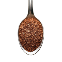 Brown teff grain in a silver spoon on a white background showcasing natural texture and color, Brown Teff Grain in spoon on white background png