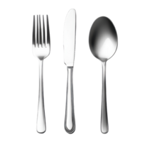 High quality silverware set featuring a fork, knife, and spoon isolated on a Transparent background, Silverware. Fork, spoon and knife isolated on white png