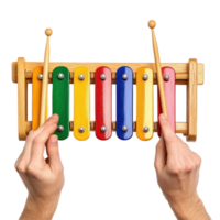 Hands playing colorful xylophone with drum sticks in bright setting, Hands Playing on the Xylophone with Drum Stick isolated on white background png