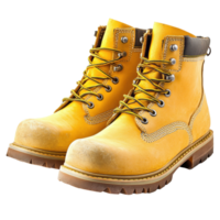 Yellow working boots for outdoor activities on a clean Transparent background ready for ragged use and durability, Pair yellow working boots isolated on background png