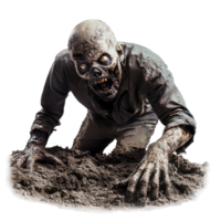 Zombie crawling from dirt grave on Transparent background creates a chilling horror atmosphere, Zombie Crawling from Dirt Grave on background png
