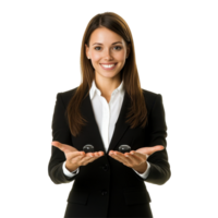 Friendly businesswoman showcasing invisible objects in a bright studio setting, Friendly Businesswoman Holding Invisible Object isolated on white background png