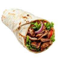 Delicious shawarma wrap filled with tender meat and fresh vegetables on a clean Transparent background, Delicious shawarma isolated on background or white backgroud png
