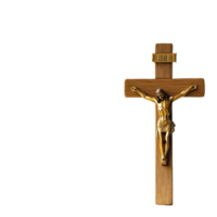 Elegant golden Jesus figure on wooden cross set against a clean backdrop, golden Jesus figure at a wooden cross isolated at White background png