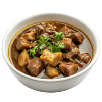 Semur stew featuring tender meat and rich spices from Indonesia served in a white bowl, Semur, Indonesian meat stew isolated on Transparent background png