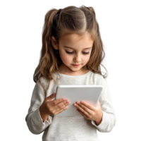 Young girl engaged with tablet while standing against a plain white backdrop, kid girl using tablet, file of isolated object with shadow on White background png