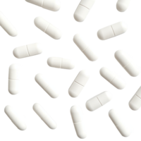 Assorted white tablets scattered on a plain Transparent background showcasing various shapes and sizes, white pills tablets on background png