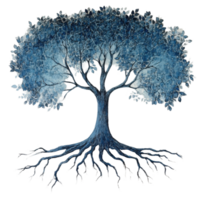 Blue tree with deep roots on Transparent background showcasing nature s strength and beauty, tree with roots and a blue background background png
