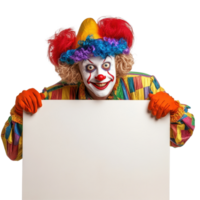 Clown with colorful costume holding blank board for announcements isolated on Transparent background, clown with blank board isolated on background png