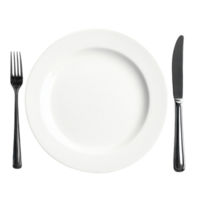 Dinner setting with fork and knife beside a white plate on a clean backdrop, top view dinner fork, knife, white plate on isolated on Transparent background png
