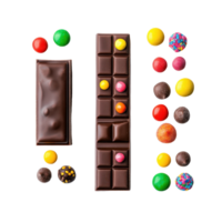 Chocolate bars accompanied by vibrant candies arranged on a clean white background for a sweet display, Chocolate Bars with Colorful Candies On white background png