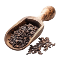 Wooden scoop filled with cocoa seeds on a Transparent background showcasing natural textures and colors, Cocoa and seeds in wood scoop isolated on background png