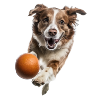 Dog jumping in the air to catch a ball while looking at the camera against a Transparent background, dog play ball in motion, look on camera, isolated background png