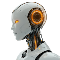 Robot with glowing head and futuristic design against Transparent background, robot with glowing head and face, background png