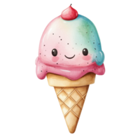 Cute watercolor cartoon ice cream cone with vibrant colors and a cherry on top in a playful design, Realistic cute watercolor cartoon ice cream isolated on Transparent background png