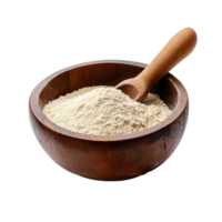 Wooden bowl filled with flour and scoop on Transparent background for culinary use and baking recipes, Wooden bowl flour isolated on background png