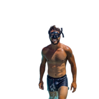 Joyful man snorkeling in clear ocean waters with a vibrant blue sky in the background, Happy smile man swimmer wearing mask, snorkel and flippers walking png