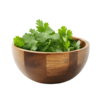 Fresh coriander leaves in a wooden bowl isolated on a Transparent background, coriander leaf in wood bowl isolated on background png