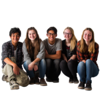 Group of diverse students smiling while sitting together on a white background in a studio setting, Group students isolated over a white background png