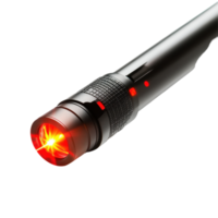 Advanced laser pointer displaying a bright red laser in a closeup perspective for detailed examination, Closeup an advanced laser pointer with a red laser beam. png