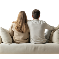 Couple relaxing together on a cozy couch while enjoying a moment of connection against a Transparent background, Couple sitting on couch, back view,isolated on white png