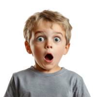 Surprised boy expressing shock with wide eyes and open mouth in isolated setting, shocked kid boy surprised and scared, file of isolated object on White background png