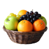 Colorful fruit basket featuring fresh apples, oranges, and grapes arranged beautifully for a healthy snack, Colorful Fruit Basket Fresh Apples Oranges and Grapes Arranged in a Woven Basket png