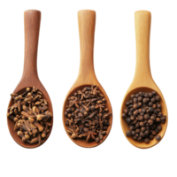 Cloves spices in wooden spoons on Transparent background showcasing their texture and color, cloves spices in spoonisolated on background png