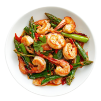 Delicious asparagus stir fried with prawns showcasing vibrant colors and textures, thai food , Asparagus stir fried with prawns isolated on Transparent background png