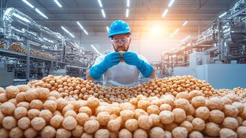 Worker inspecting food products in a modern factory with machinery and bright lighting photo