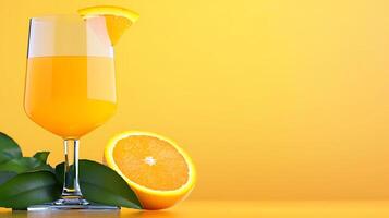 Refreshing orange juice in a glass with a slice and fresh oranges on a vibrant yellow backdrop photo