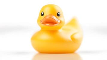 A close-up view of a bright yellow rubber duck against a soft white background, evoking nostalgia photo