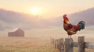 Rooster perched on a fence at sunrise with a rustic barn and misty landscape in the background photo