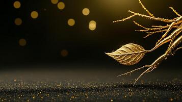 Golden leaf delicately hanging from a branch against a shimmering dark background with bokeh photo