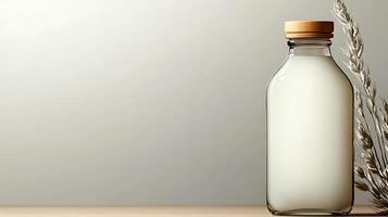 Glass bottle filled with milk on a wooden table, with soft background and decorative grass photo