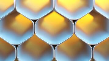 Close-up view of a honeycomb structure with a gradient of yellow and blue colors, showcasing geometric patterns photo